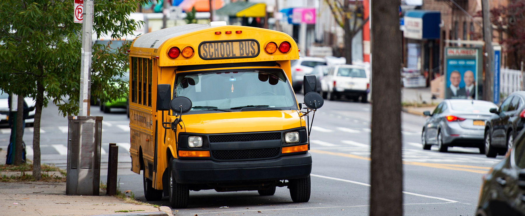 A school bus equipped with an LTE- and 5G-capable wireless broadband router provides Wi-Fi connectivity to remote learning students during the pandemic.
