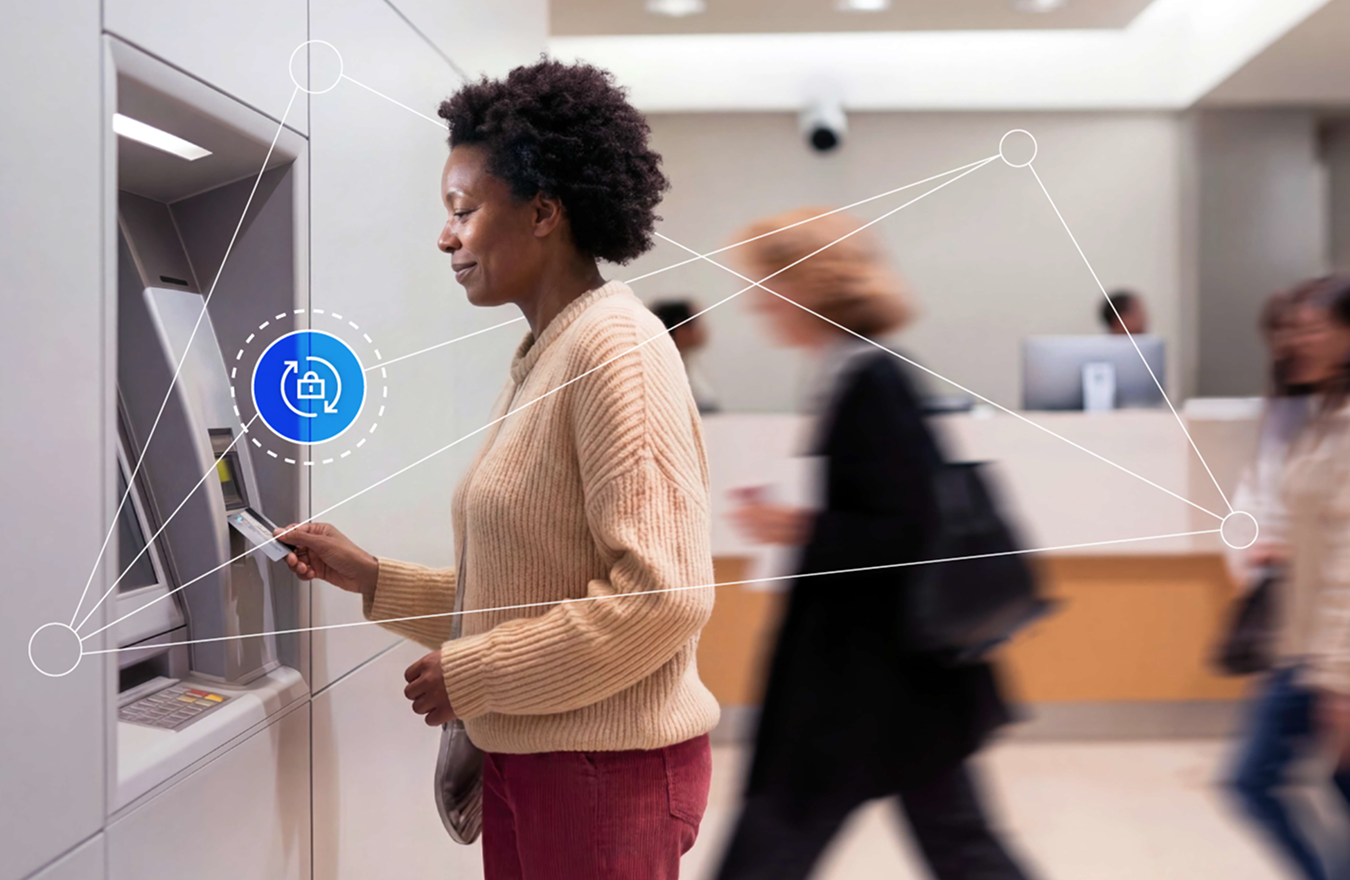 A woman uses a card at a bank ATM, with a secure connectivity graphic overlay.
