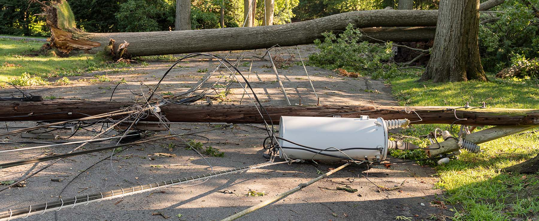A downed utility pole lays on the street after a storm that caused a network failure for businesses and homes.